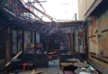 Damage from scaffolding that fell onto Kathleen Haley Keating at the Brooklyn bar Mission Dolores. (Court Documents)