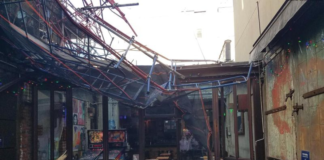 Damage from scaffolding that fell onto Kathleen Haley Keating at the Brooklyn bar Mission Dolores. (Court Documents)