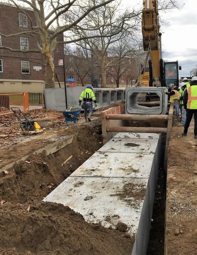 Crews install large “box” sewers to reduce flooding in the Canarsie and East New York neighborhoods of Brooklyn