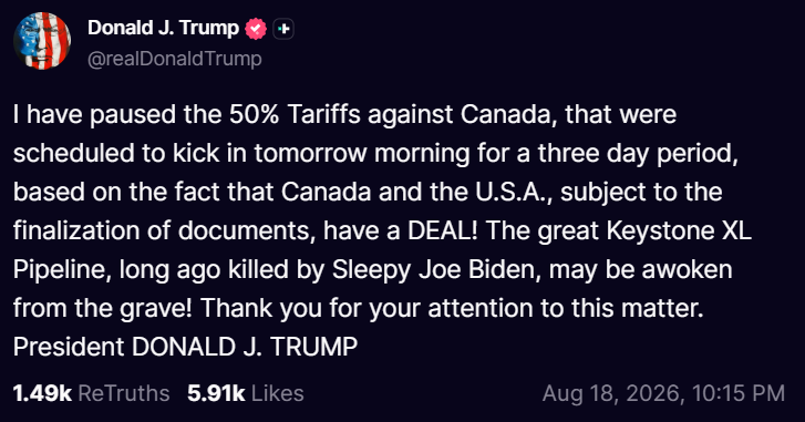 BREAKING NEWS: Trump pauses 50% Canada tariffs for three days, says deal has been reached